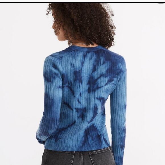 Madewell 100% Cashmere Cardigan Sweater Womens XS Blue Tie Dye Ribbed Knit Boho - Picture 2 of 10